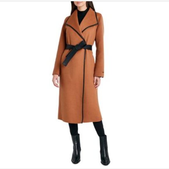 Tahari Women's Black Juliette Double Face Wool Belted Coat with Faux Leather - Picture 2 of 12